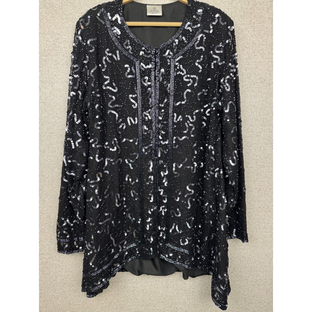 Vintage 1980s Hand-Beaded Black Silk Silver Sequin Jacket Size S Made in India‎